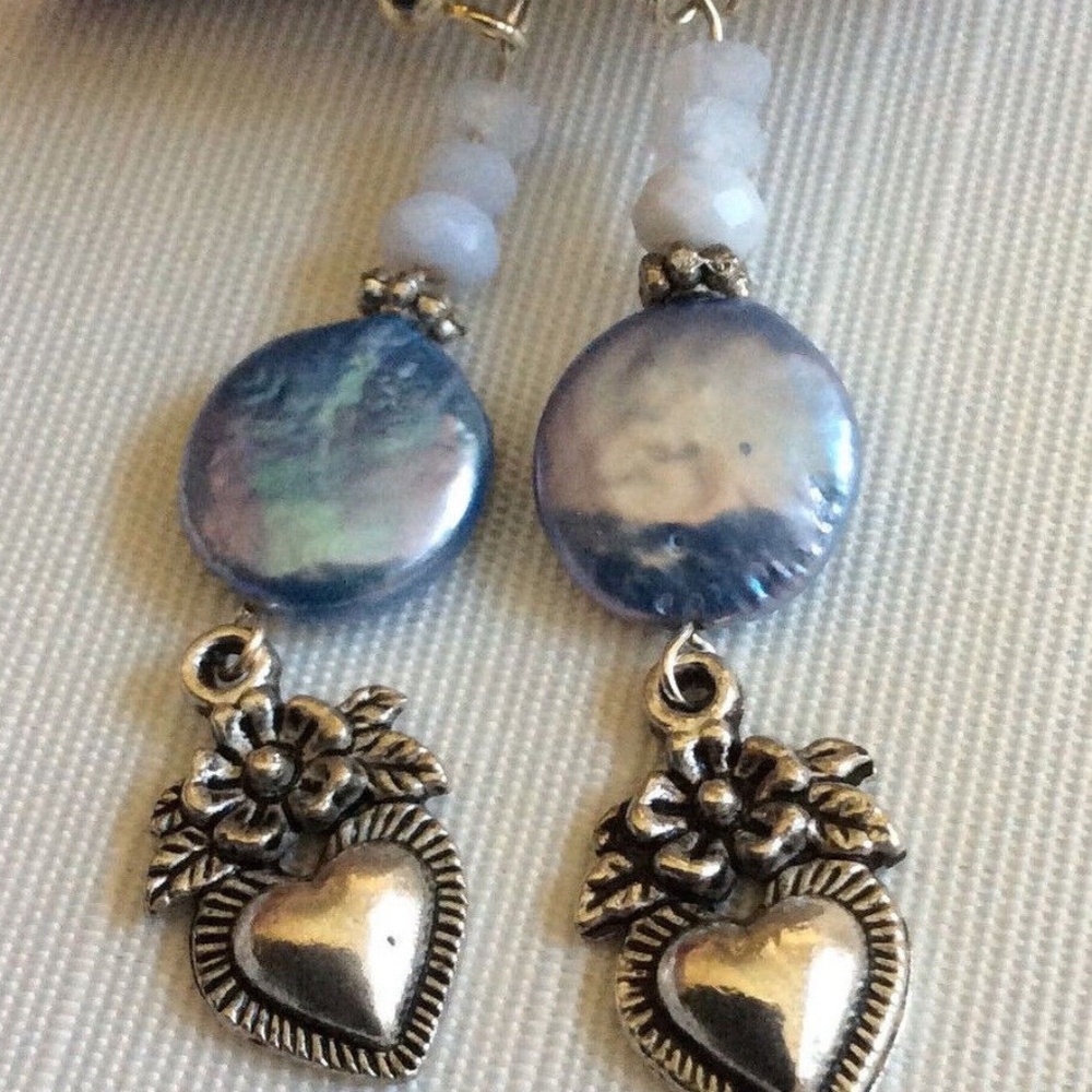 Silver plate Blue Lace Agate & coin Pearl Heart charm long dangle earrings